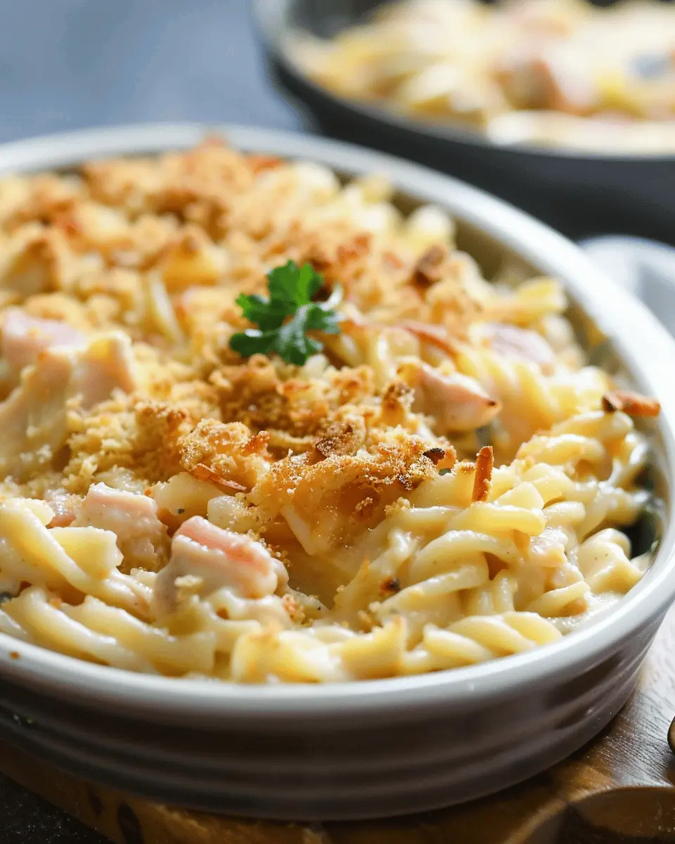 Creamy Chicken Cordon Bleu Pasta Bake with Turkey Bacon Delight