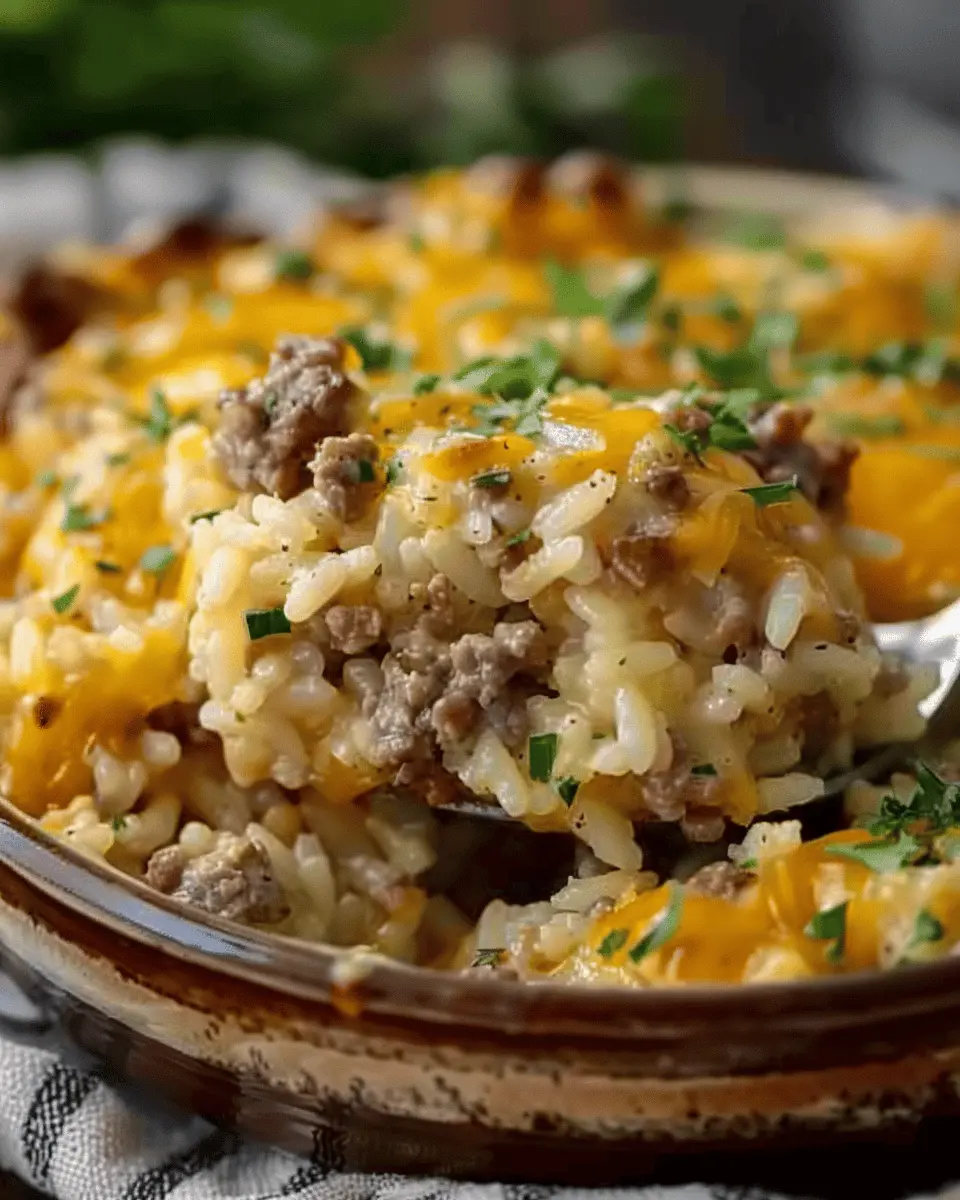 Cheesy Hamburger Rice Casserole with Turkey Bacon and Chicken Ham