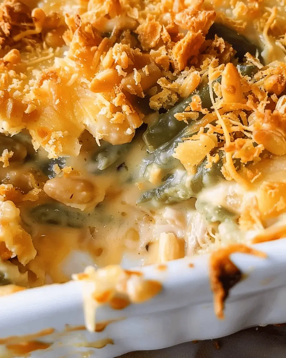 Cheesy Green Bean Casserole with Turkey Bacon and Chicken Ham Delight