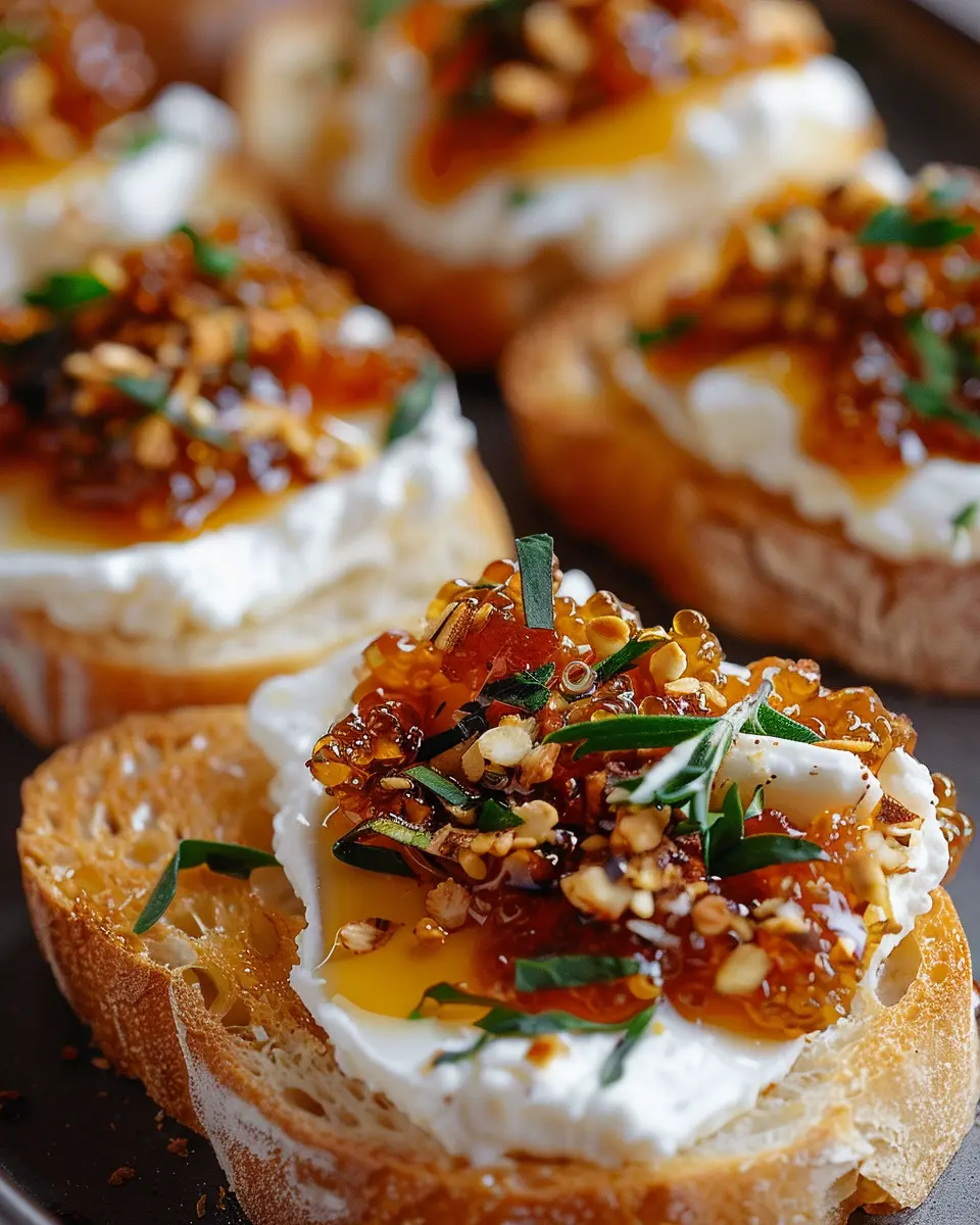 Creamy Goat Cheese Crostini: Indulgent Hot Honey Chili Crisp Delight