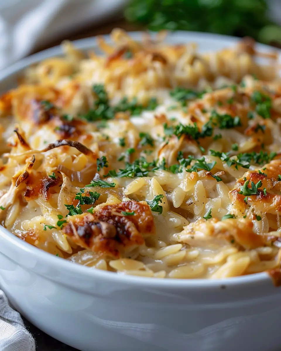 French Onion Chicken Orzo Casserole with Turkey Bacon Delight