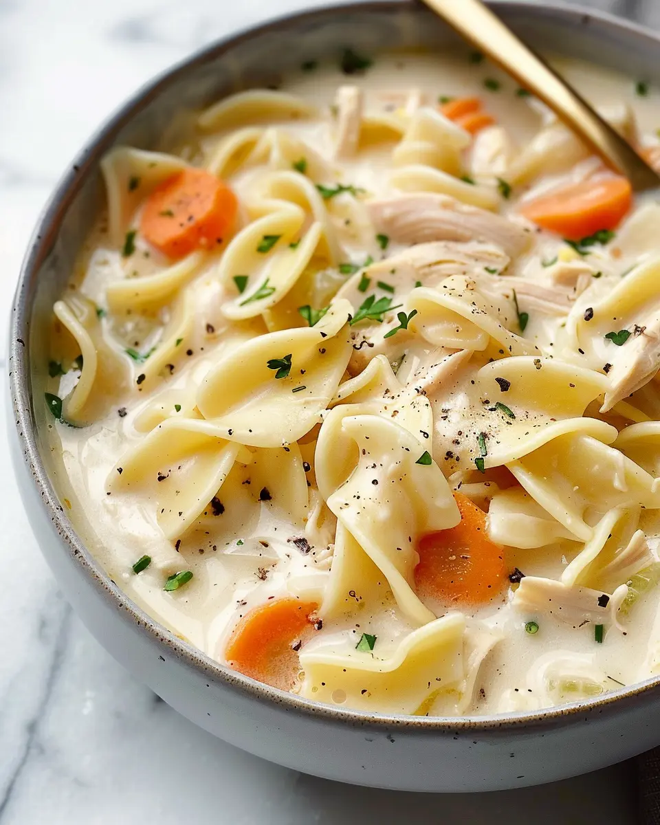Easy Creamy Chicken Noodle Soup with Turkey Bacon Twist