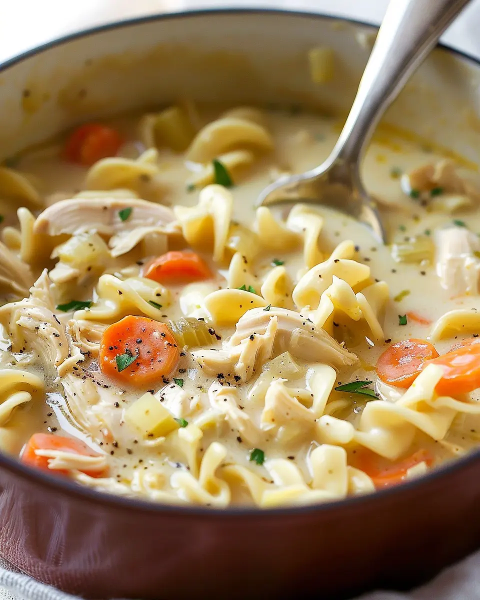 Easy Creamy Chicken Noodle Soup with Turkey Bacon Delight