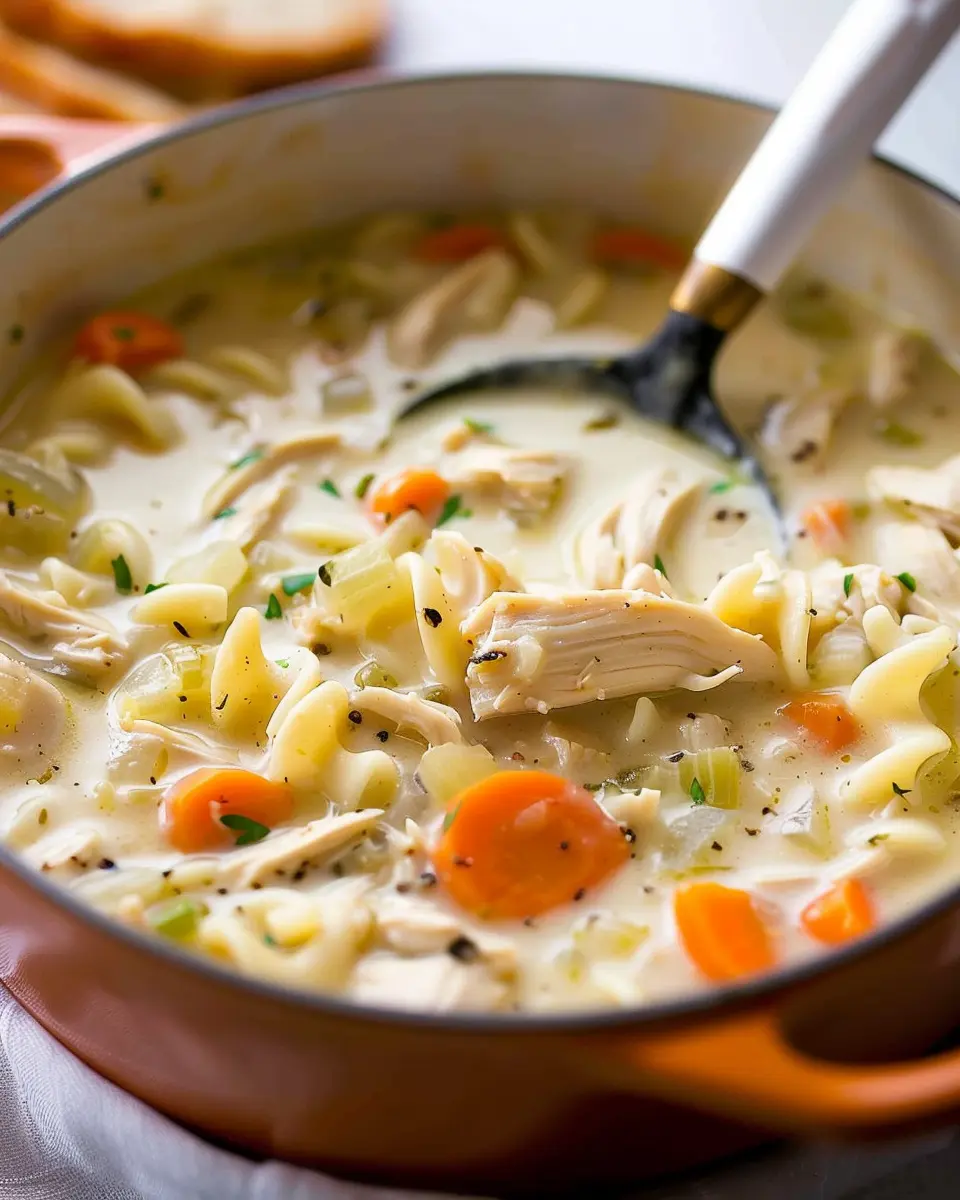 Easy Creamy Chicken Noodle Soup with Turkey Bacon Delight
