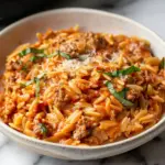 Ground Beef Orzo with Tomato Cream Sauce
