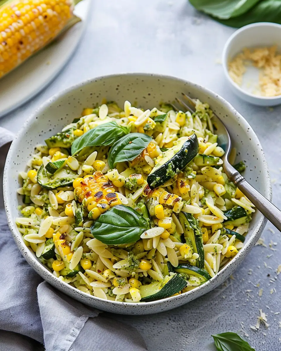 Pesto Zucchini Orzo: Easy Recipe with Charred Sweet Corn Delight